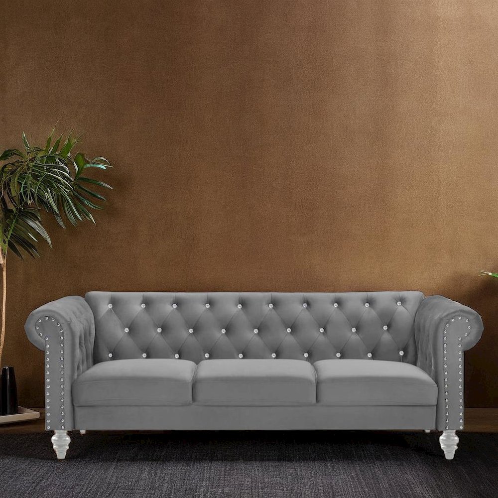 Velvet Fabric Sofa with Rolled Arms in Gray, Elegant Living Room Seating. Picture 6