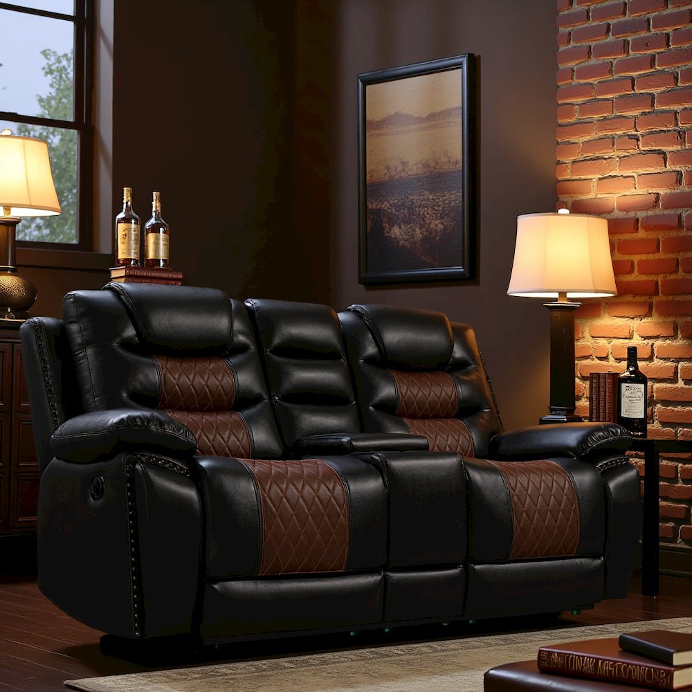 Brown Faux Leather Loveseat Recliner Sofa With Cup Holders And Manual Comfort. Picture 2