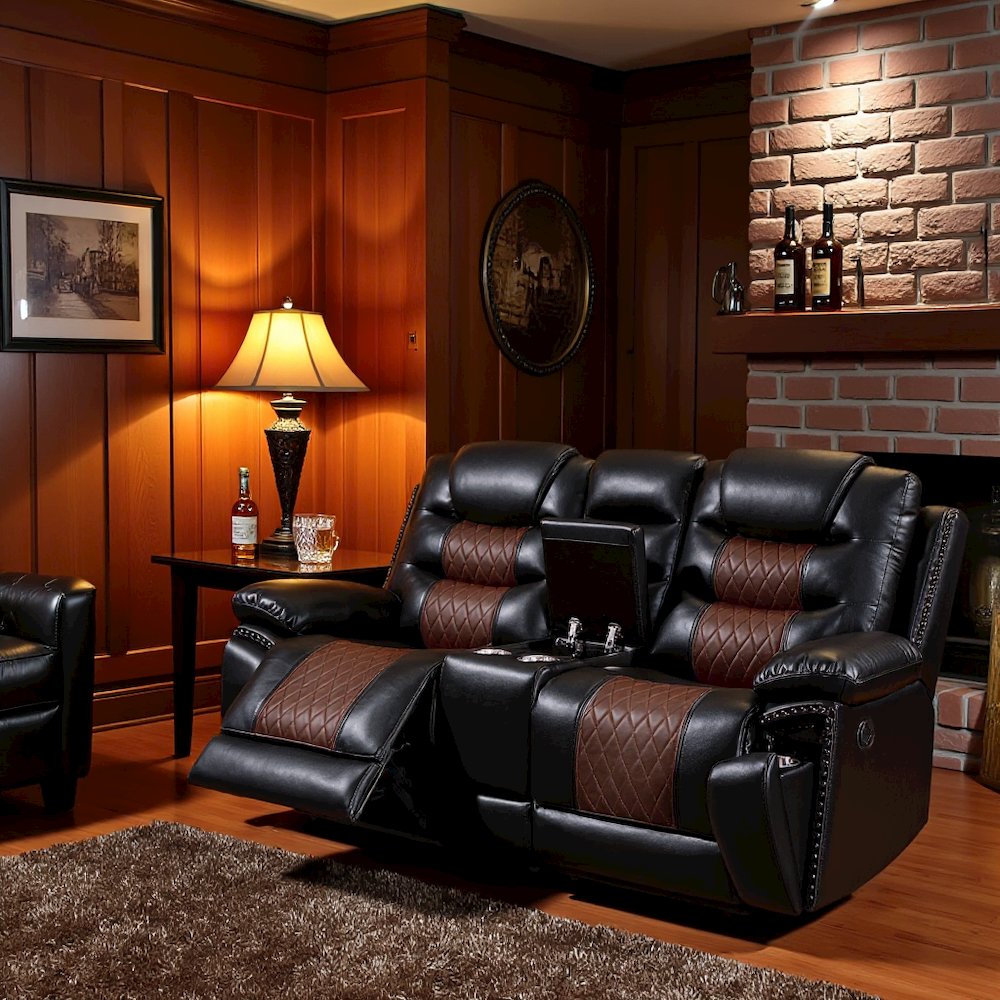 Brown Faux Leather Loveseat Recliner Sofa With Cup Holders And Manual Comfort. Picture 3