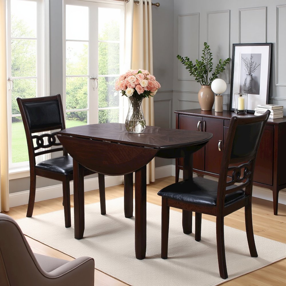 Brown Drop Leaf Table and Chairs Set, Compact Round Dining Table with 2 Chairs. Picture 3
