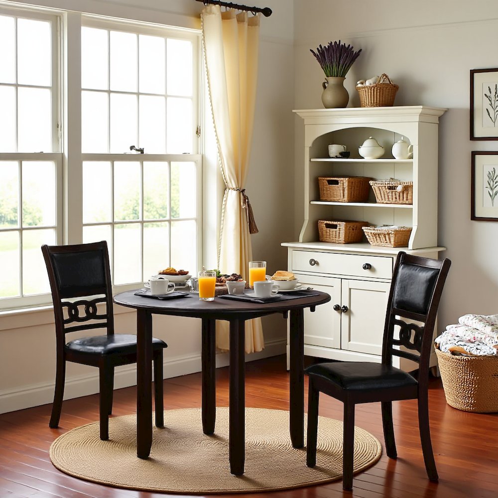 Brown Drop Leaf Table and Chairs Set, Compact Round Dining Table with 2 Chairs. Picture 2