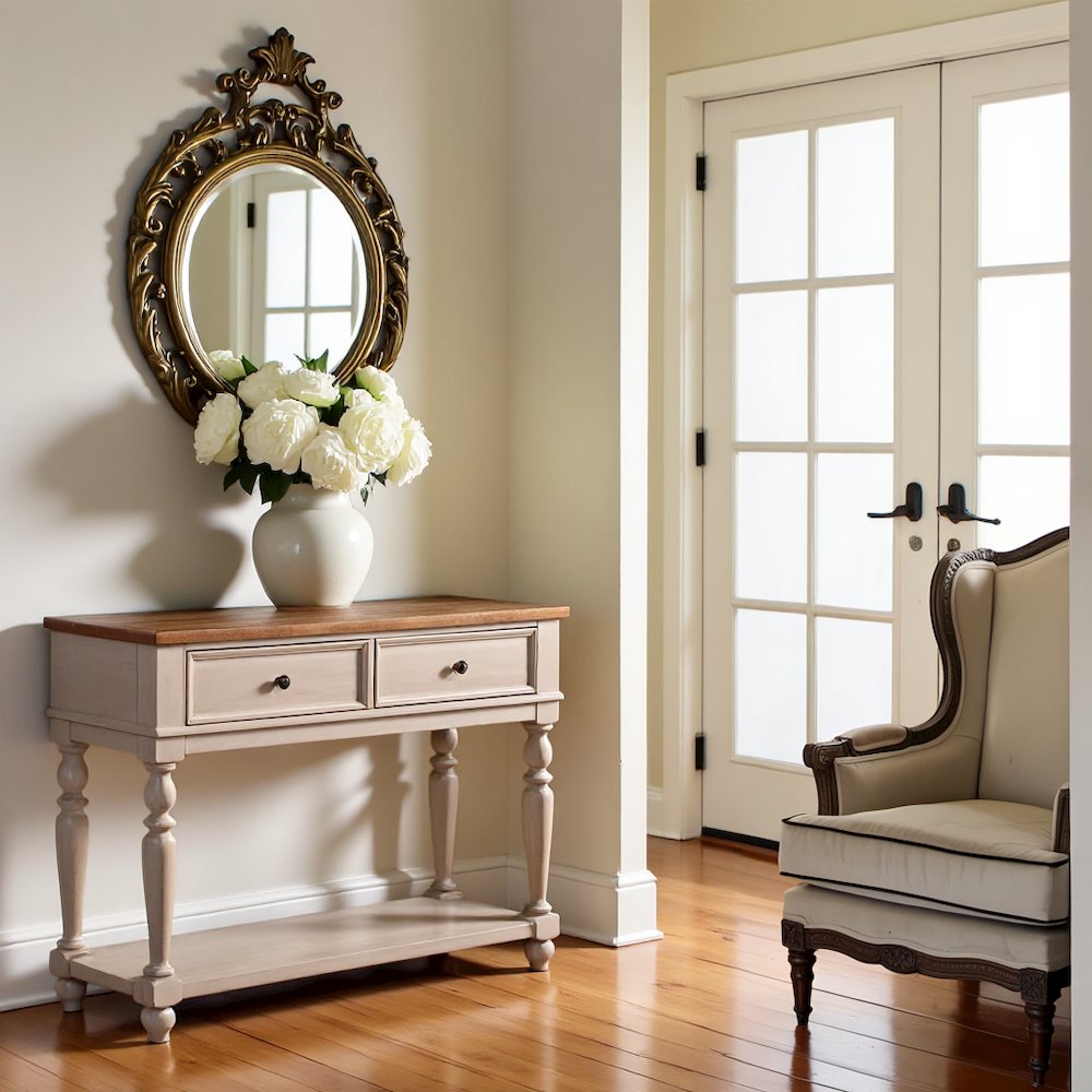White Rustic Sideboard Solid Wood Vintage Console Table With Drawers. Picture 2
