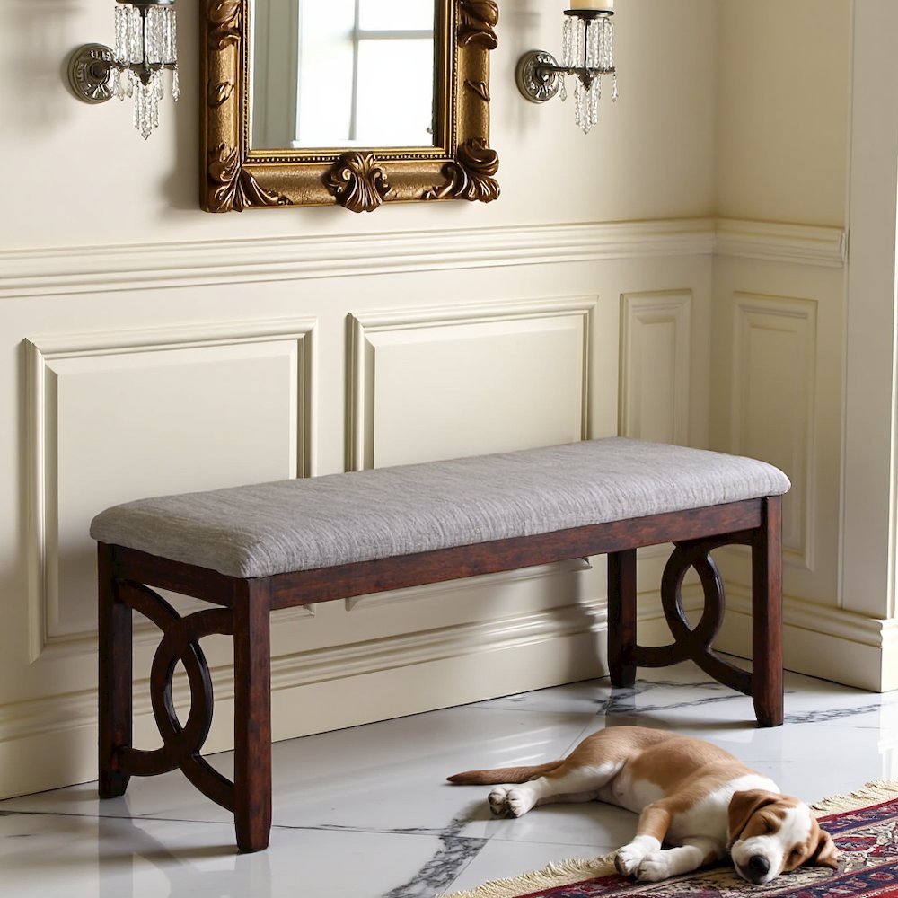 Brown Cherry Solid Wood 46 Inch Upholstered Bench For Dining Room. Picture 4