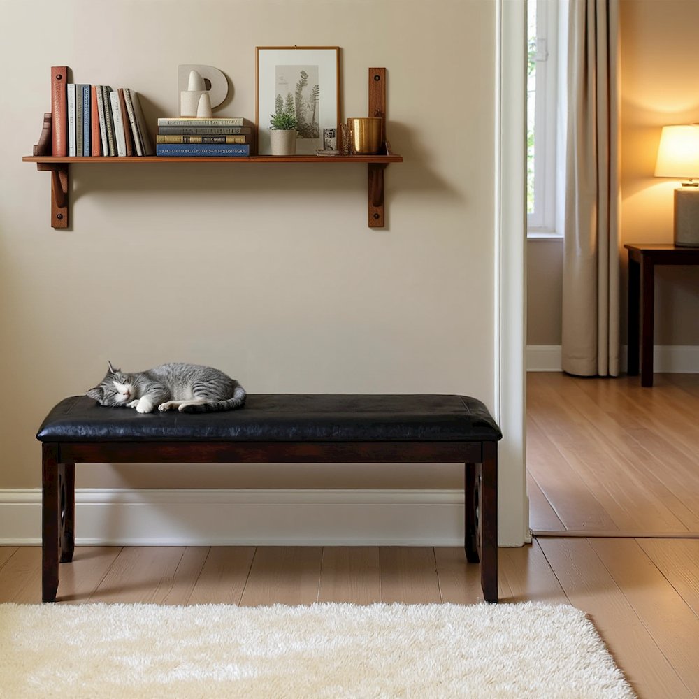 Ebony Black Solid Wood 46 Inch Faux Leather Vintage Bench For Living Room. Picture 2