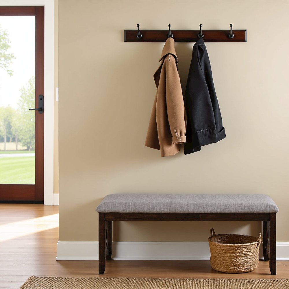 Brown Cherry Solid Wood 46 Inch Upholstered Bench For Dining Room. Picture 3