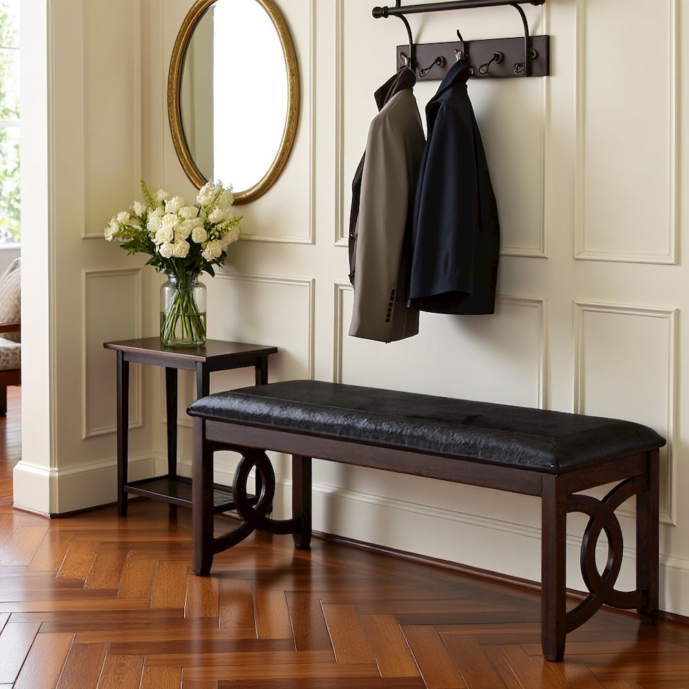 Ebony Black Solid Wood 46 Inch Faux Leather Vintage Bench For Living Room. Picture 3