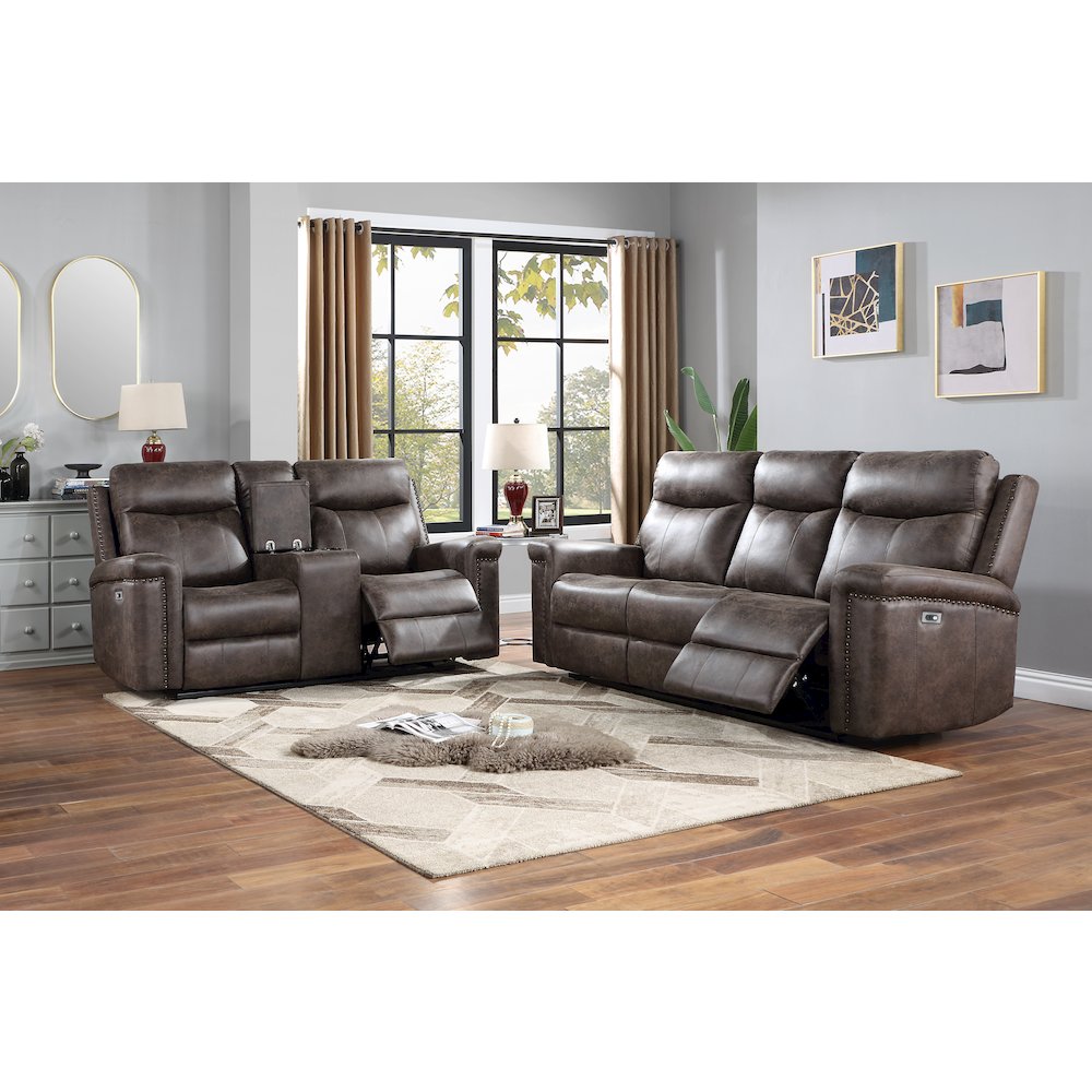 Quade 2-Piece Fabric Upholstered Power Sofa And Loveseat Set, Mocha Brown. Picture 3
