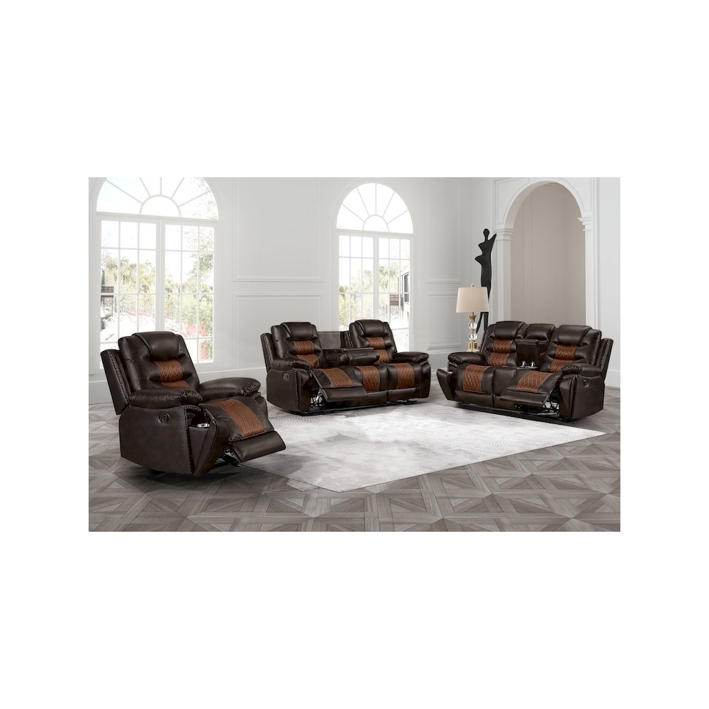 Nikko 3-Piece Faux Leather Manual Living Room Set, Brown. Picture 13