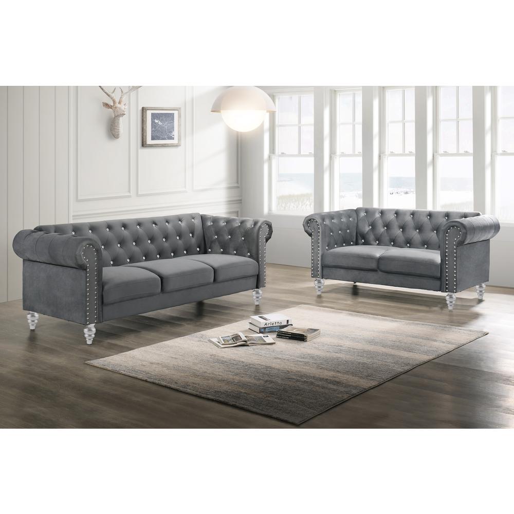 Emma 2-Piece Crystal Velvet Fabric Loveseat & Sofa Set in Gray. Picture 1