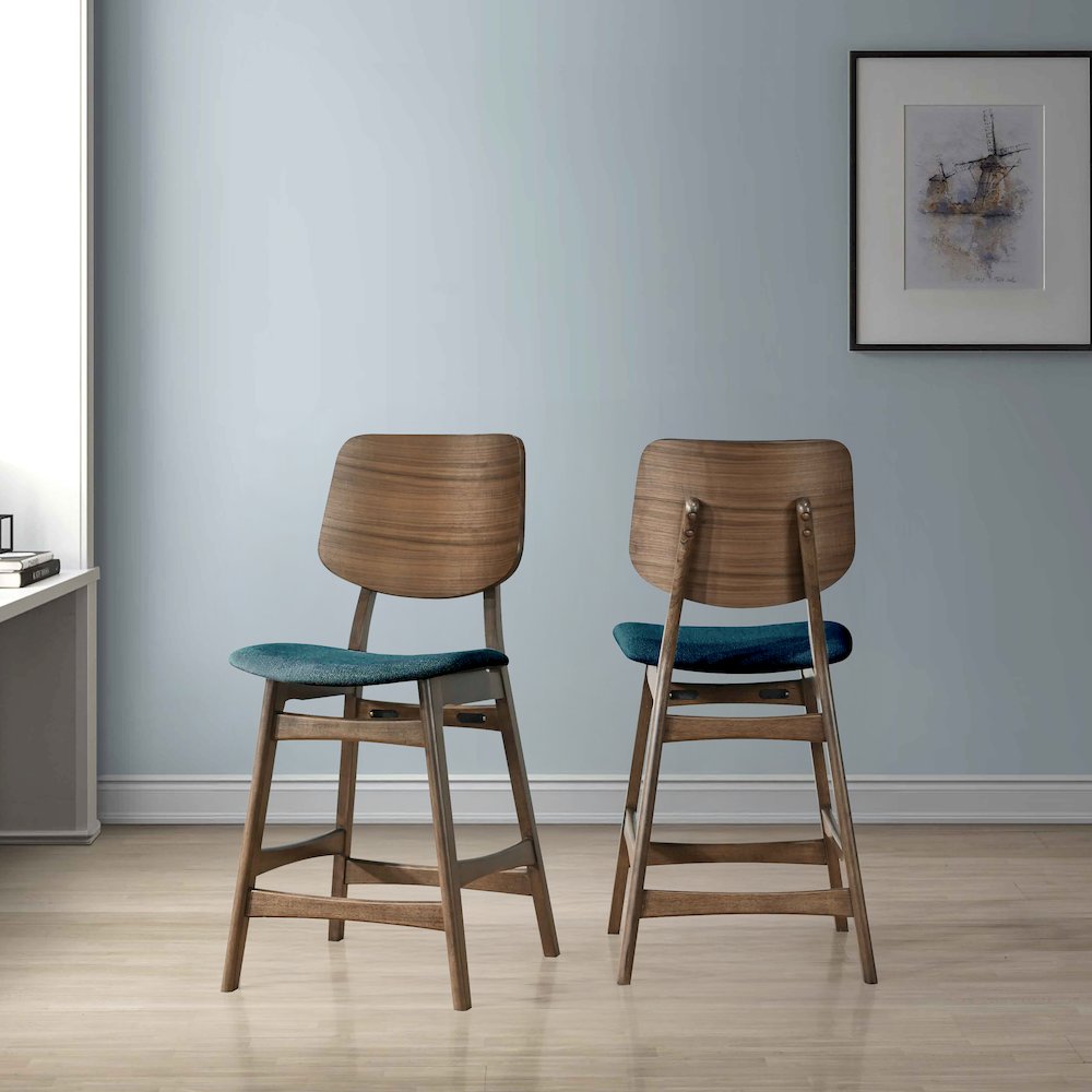 Oscar Wood Counter Chair in Walnut/Teal (Set of 2). Picture 2