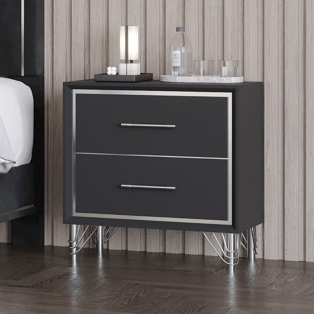 Ava Rubberwood 2 Drawers Nightstand in Ebony Black. Picture 2
