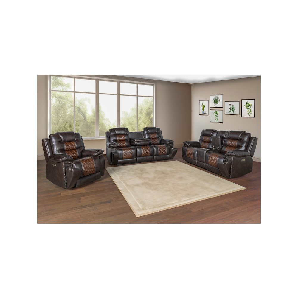 Nikko 3-Piece Faux Leather Power Living Room Set, Brown. Picture 13