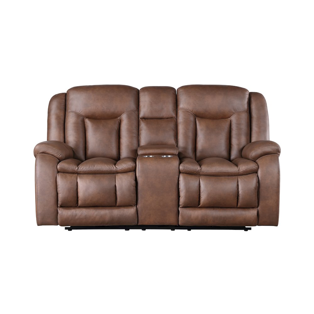 Morello Fabric Console Loveseat w/ Dual Recliners, Brown. Picture 2