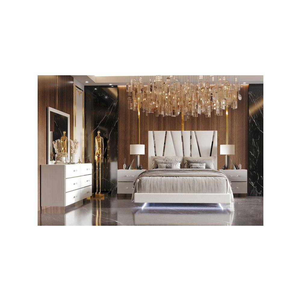 Europa 5-Piece Wood King Bedroom Set (B/Dr/Mr/2Ns), White. Picture 13