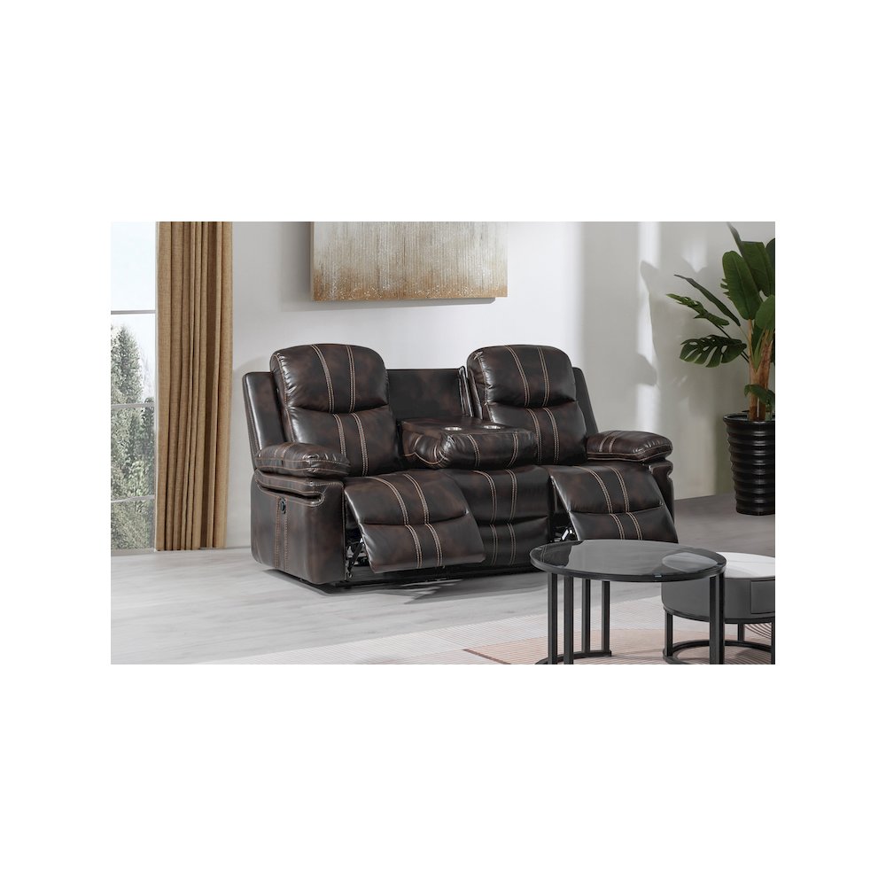 Kellen Faux Leather Power Sofa with Dropdown Tray, Brown. Picture 7