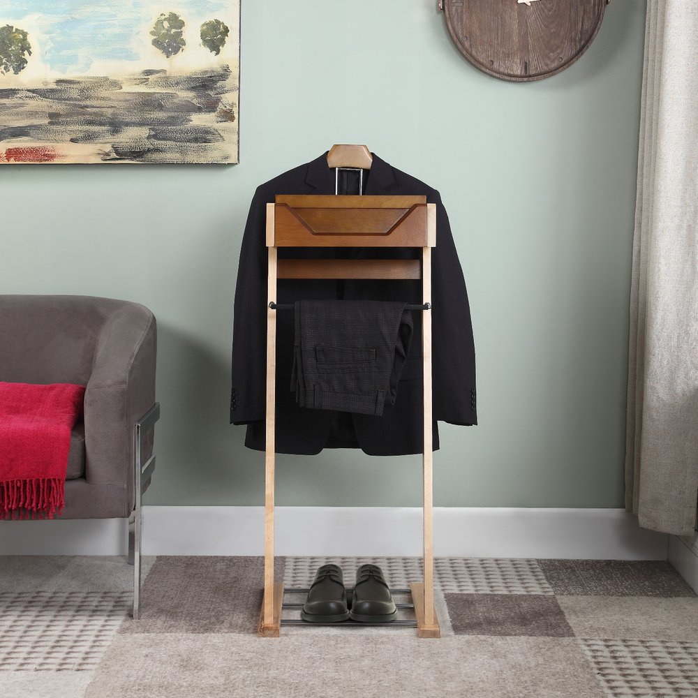 Newport Valet, #823 light walnut color for tray and hanger, natural color for frame and legs, chrome hardware. Picture 3