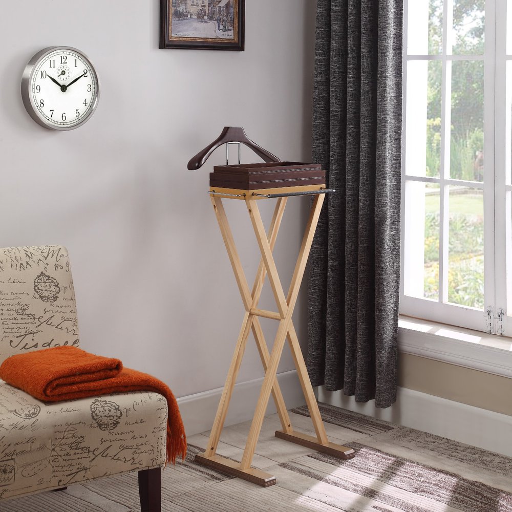 Laguna Valet, medium walnut color for tray and hanger, natural color for body, chrome hardware. Picture 2
