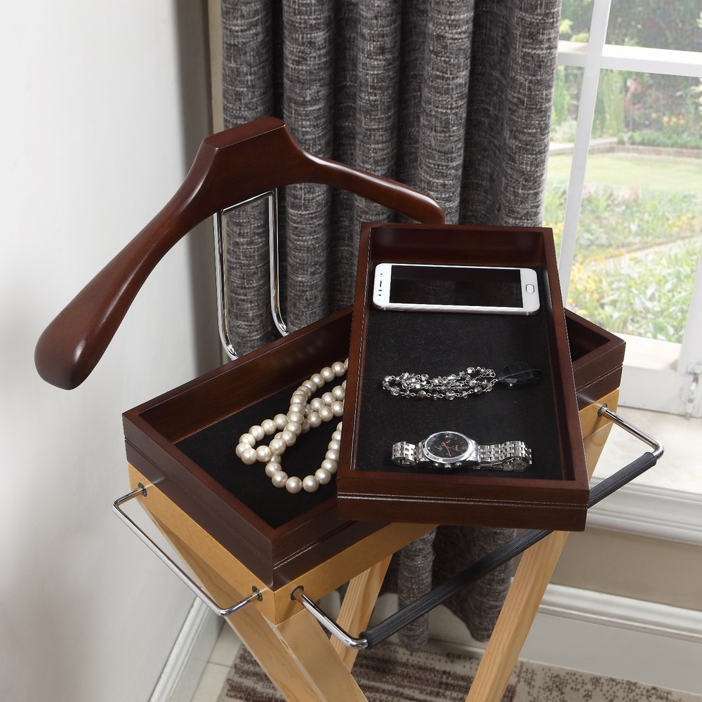 Laguna Valet, medium walnut color for tray and hanger, natural color for body, chrome hardware. Picture 3