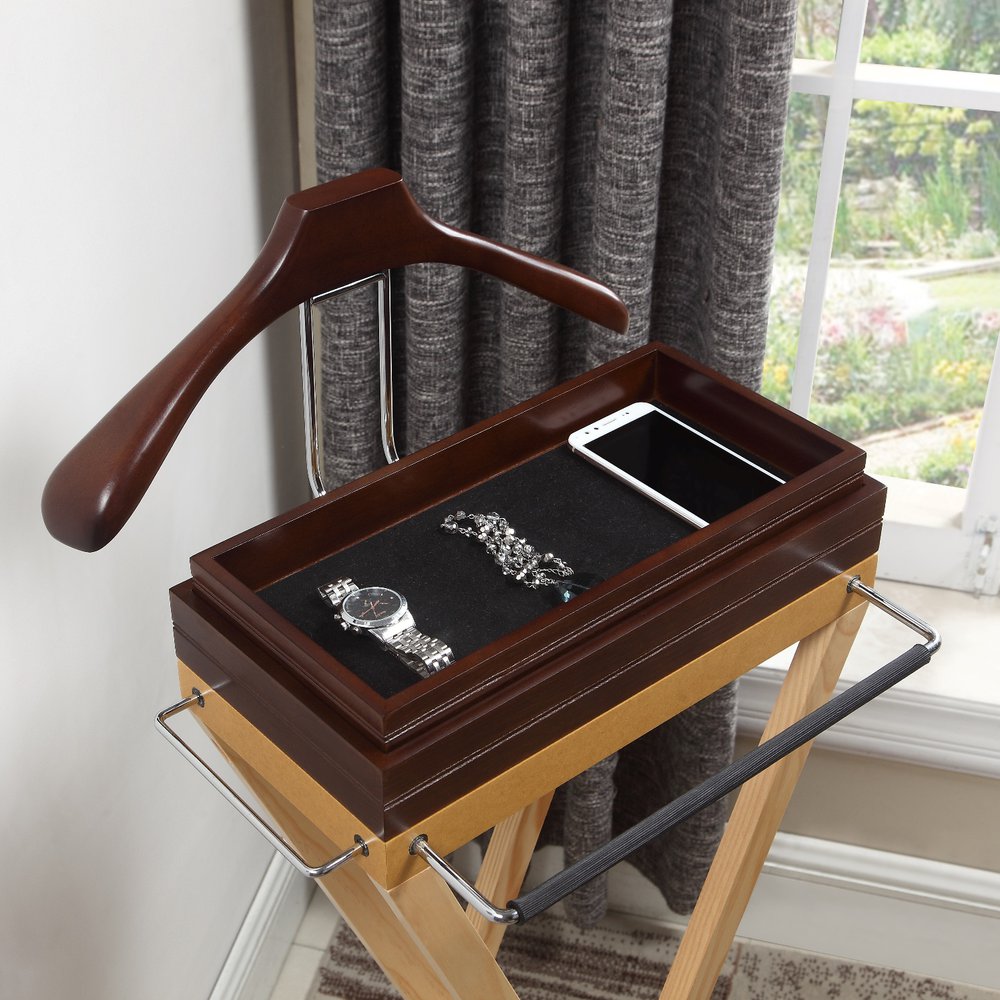 Laguna Valet, medium walnut color for tray and hanger, natural color for body, chrome hardware. Picture 4