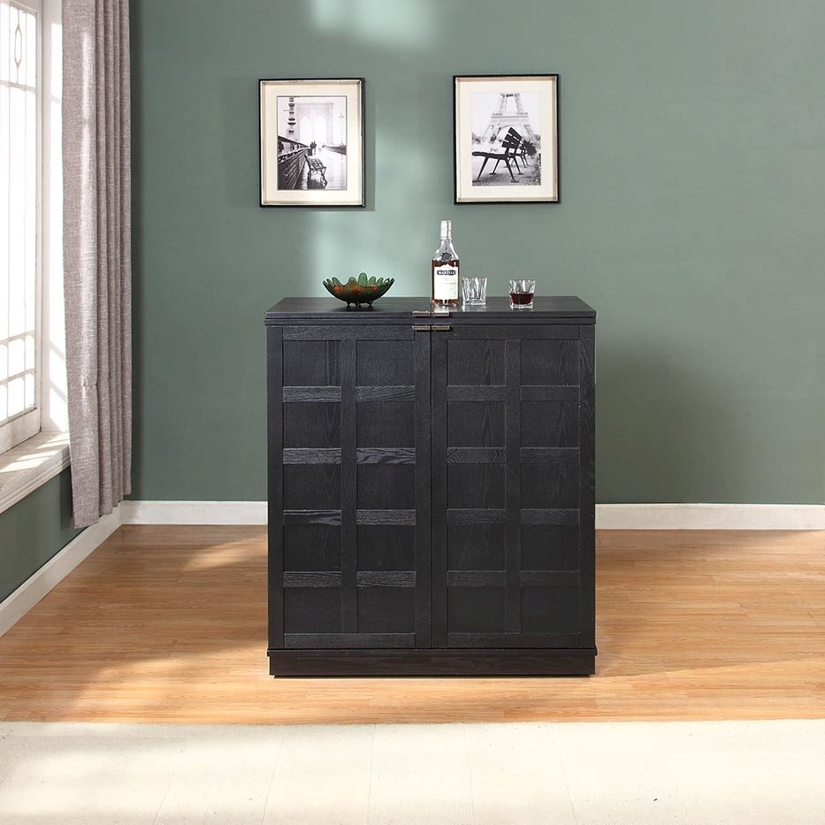 California Fold-A-Way Bar Wood Veneer in Black with Bar Top Extendable and Cabinet Movable. Picture 2