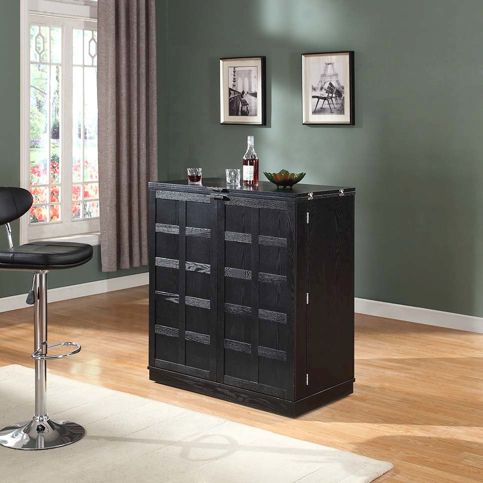 California Fold-A-Way Bar Wood Veneer in Black with Bar Top Extendable and Cabinet Movable. Picture 3