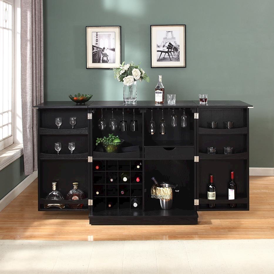 California Fold-A-Way Bar Wood Veneer in Black with Bar Top Extendable and Cabinet Movable. Picture 5