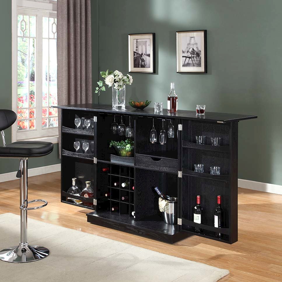California Fold-A-Way Bar Wood Veneer in Black with Bar Top Extendable and Cabinet Movable. Picture 6
