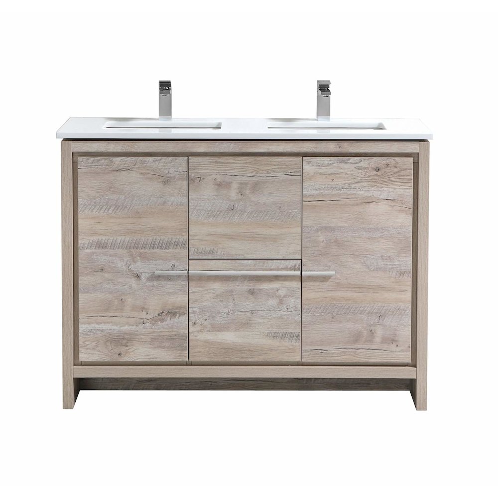48″ Double Sink Nature Wood  Modern Bathroom Vanity with White Quartz. Picture 1