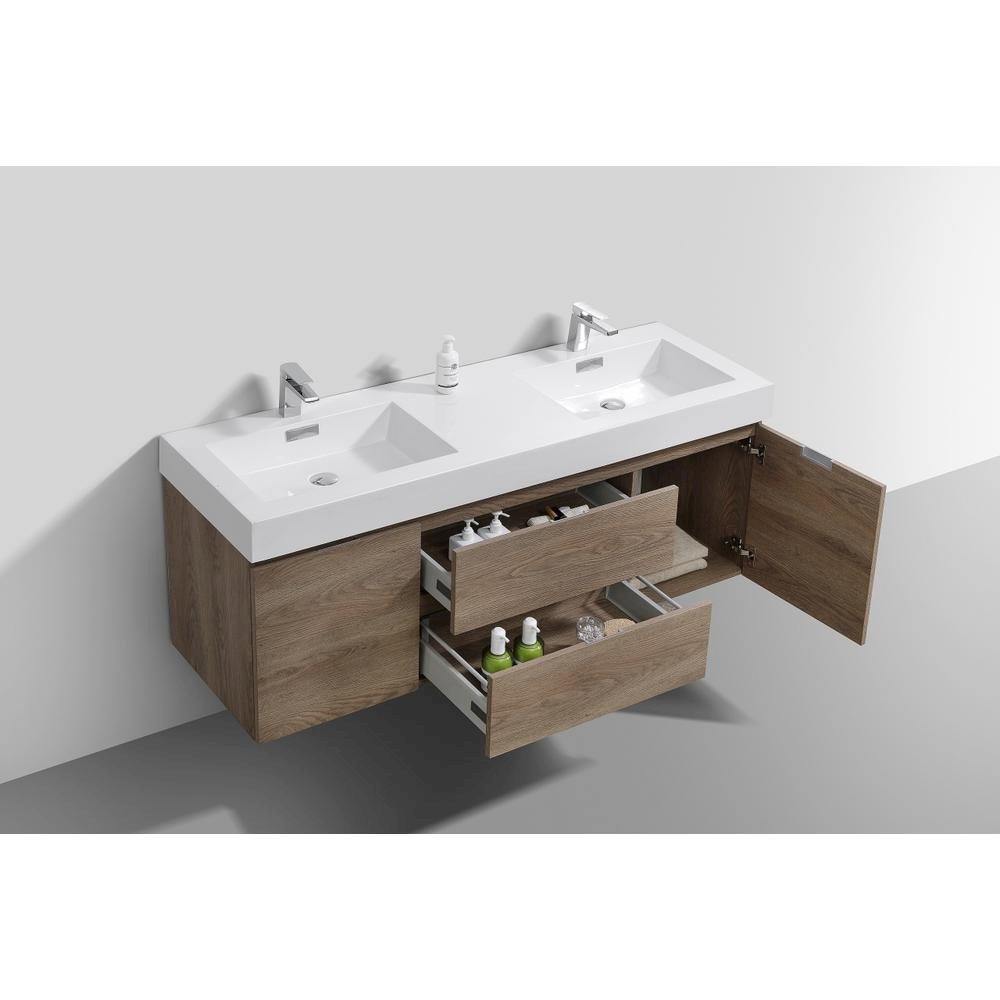 Bliss 60" Double  Sink Butternut Wall Mount Modern Bathroom Vanity. Picture 4