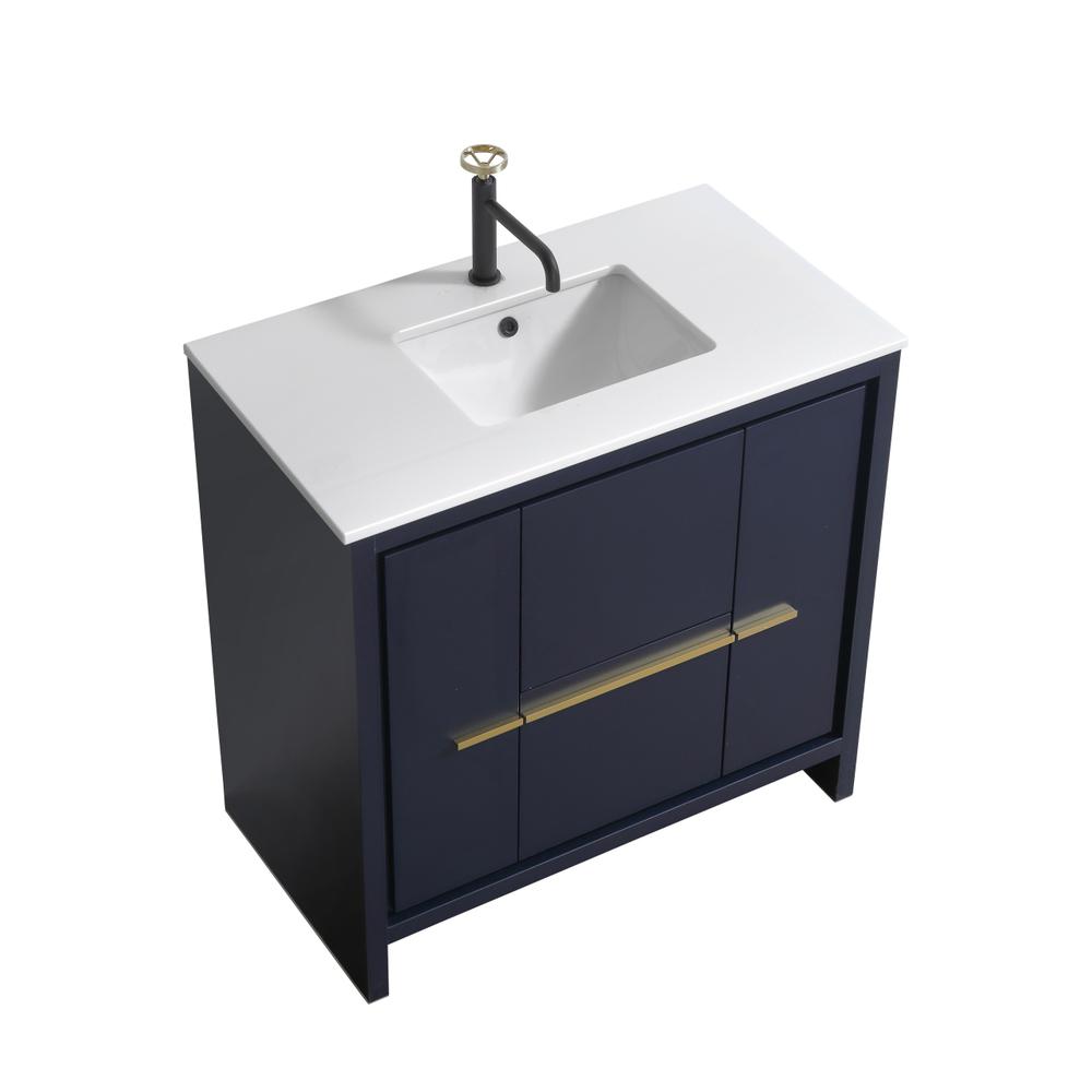 KubeBath Dolce 36″ Blue  Modern Bathroom Vanity with White Quartz Counter-Top. Picture 1