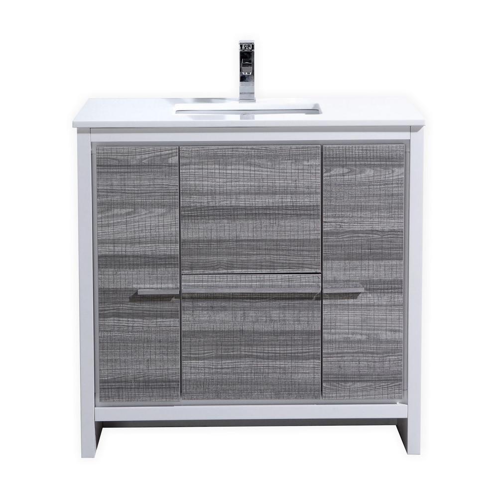 36″ Ash Gray Modern Bathroom Vanity with White Quartz Counter-Top. Picture 1