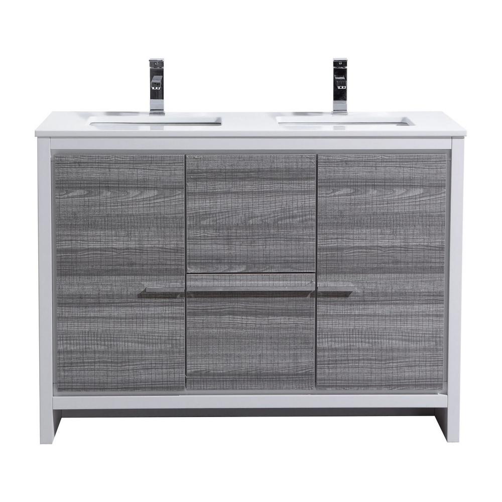 48″ Double Sink Ash Gray Modern Bathroom Vanity with White Quartz Counter-Top. Picture 1