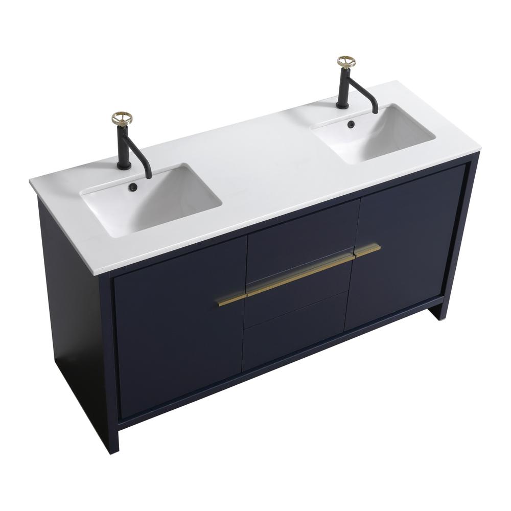 60″ Double Sink Blue  Modern Bathroom Vanity with White Quartz Counter-Top. Picture 1