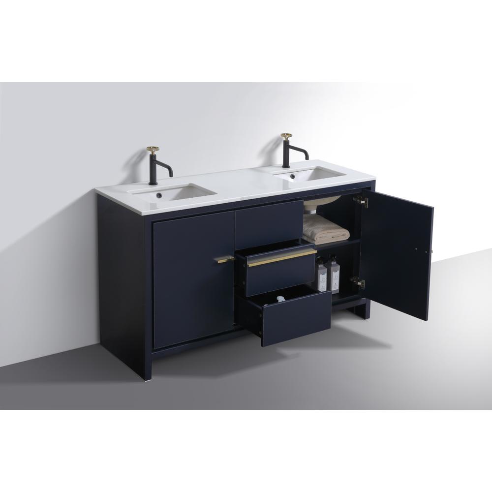60″ Double Sink Blue  Modern Bathroom Vanity with White Quartz Counter-Top. Picture 5