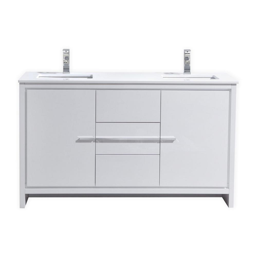 60″ Double Sink High Gloss White Modern Bathroom Vanity with White Quartz. Picture 1