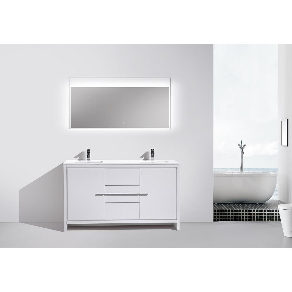 60″ Double Sink High Gloss White Modern Bathroom Vanity with White Quartz. Picture 2