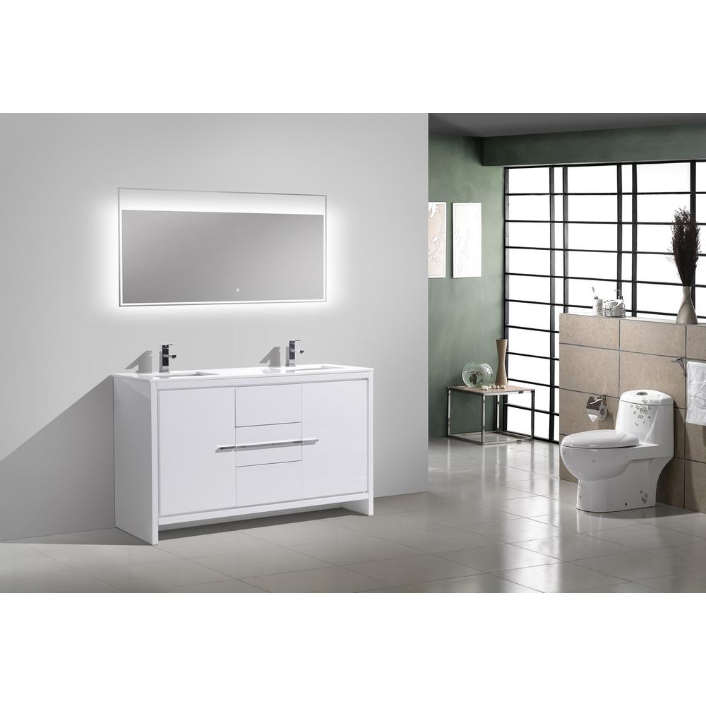60″ Double Sink High Gloss White Modern Bathroom Vanity with White Quartz. Picture 3