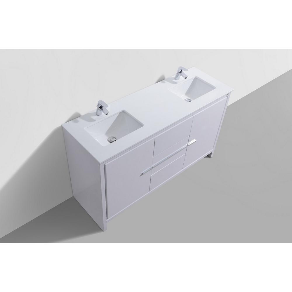60″ Double Sink High Gloss White Modern Bathroom Vanity with White Quartz. Picture 4