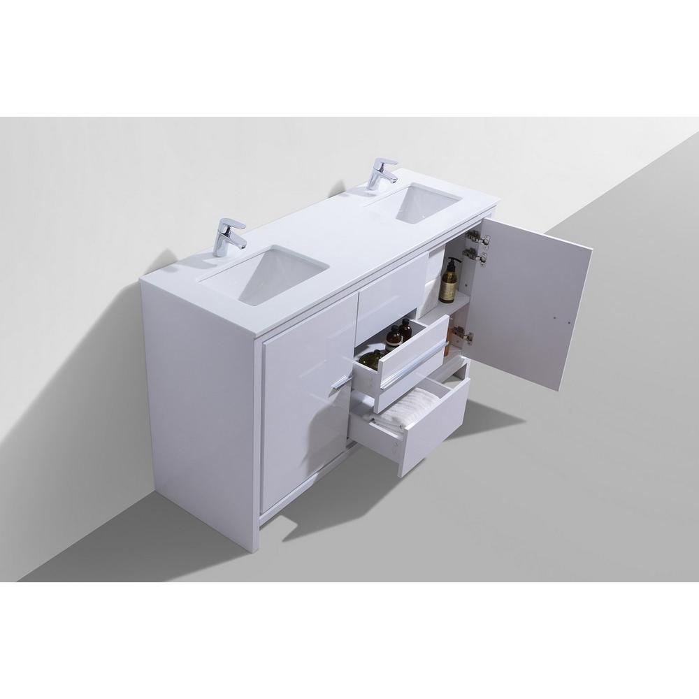 60″ Double Sink High Gloss White Modern Bathroom Vanity with White Quartz. Picture 5
