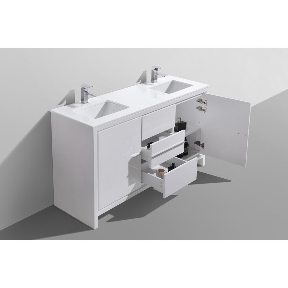 60″ Double Sink High Gloss White Modern Bathroom Vanity with White Quartz. Picture 6
