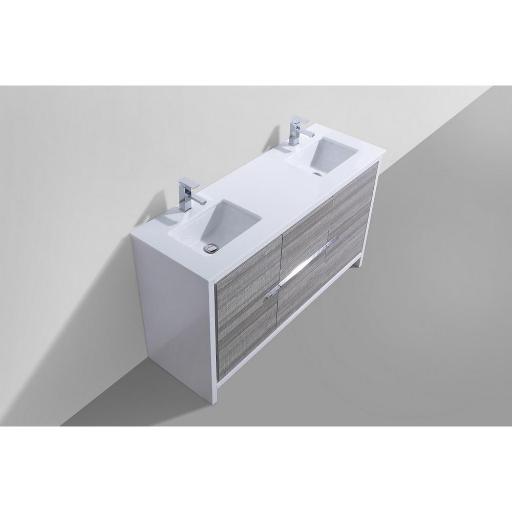 60″ Double Sink Ash Gray Modern Bathroom Vanity with White Quartz Counter-Top. Picture 3