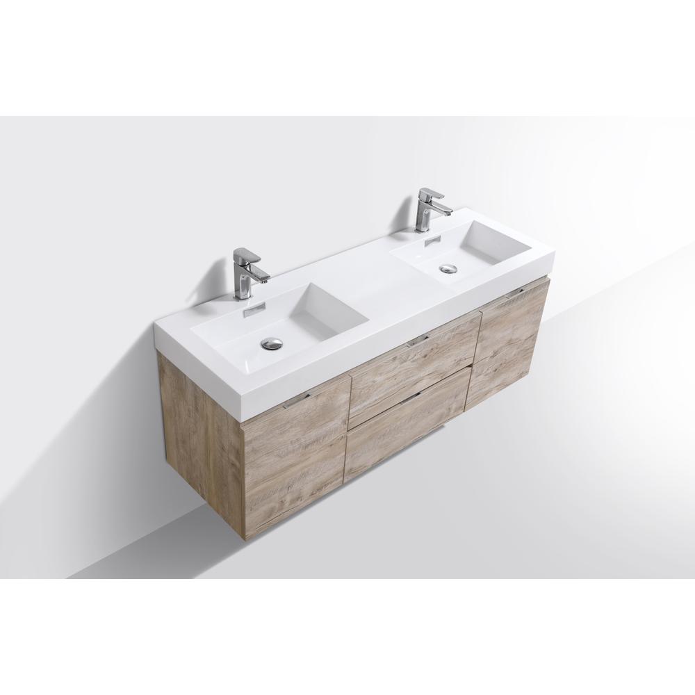 Bliss 60" Double  Sink Nature Wood Wall Mount Modern Bathroom Vanity. Picture 3