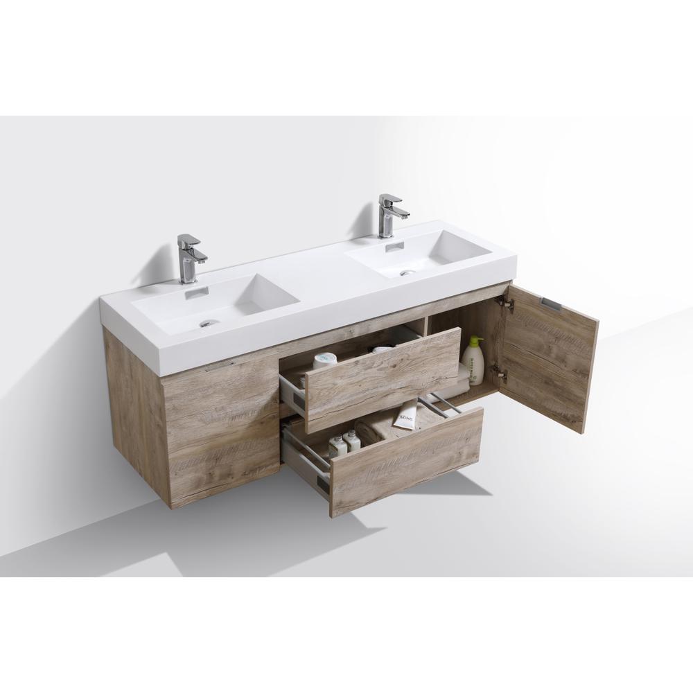 Bliss 60" Double  Sink Nature Wood Wall Mount Modern Bathroom Vanity. Picture 4
