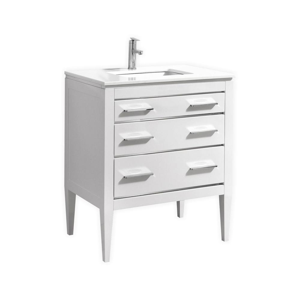 Eiffel 30'' High Gloss White Vanity W/ Quartz Counter Top. Picture 1