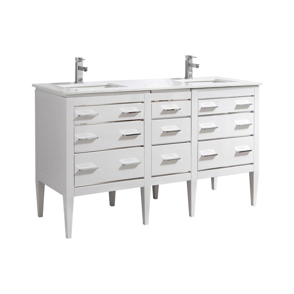 Eiffel 60'' Double Sink High Gloss White Vanity W/ Quartz Counter Top. Picture 1