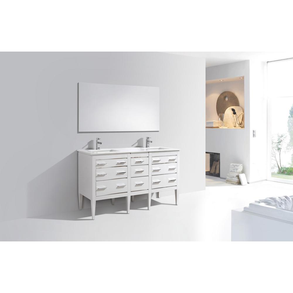 Eiffel 60'' Double Sink High Gloss White Vanity W/ Quartz Counter Top. Picture 3