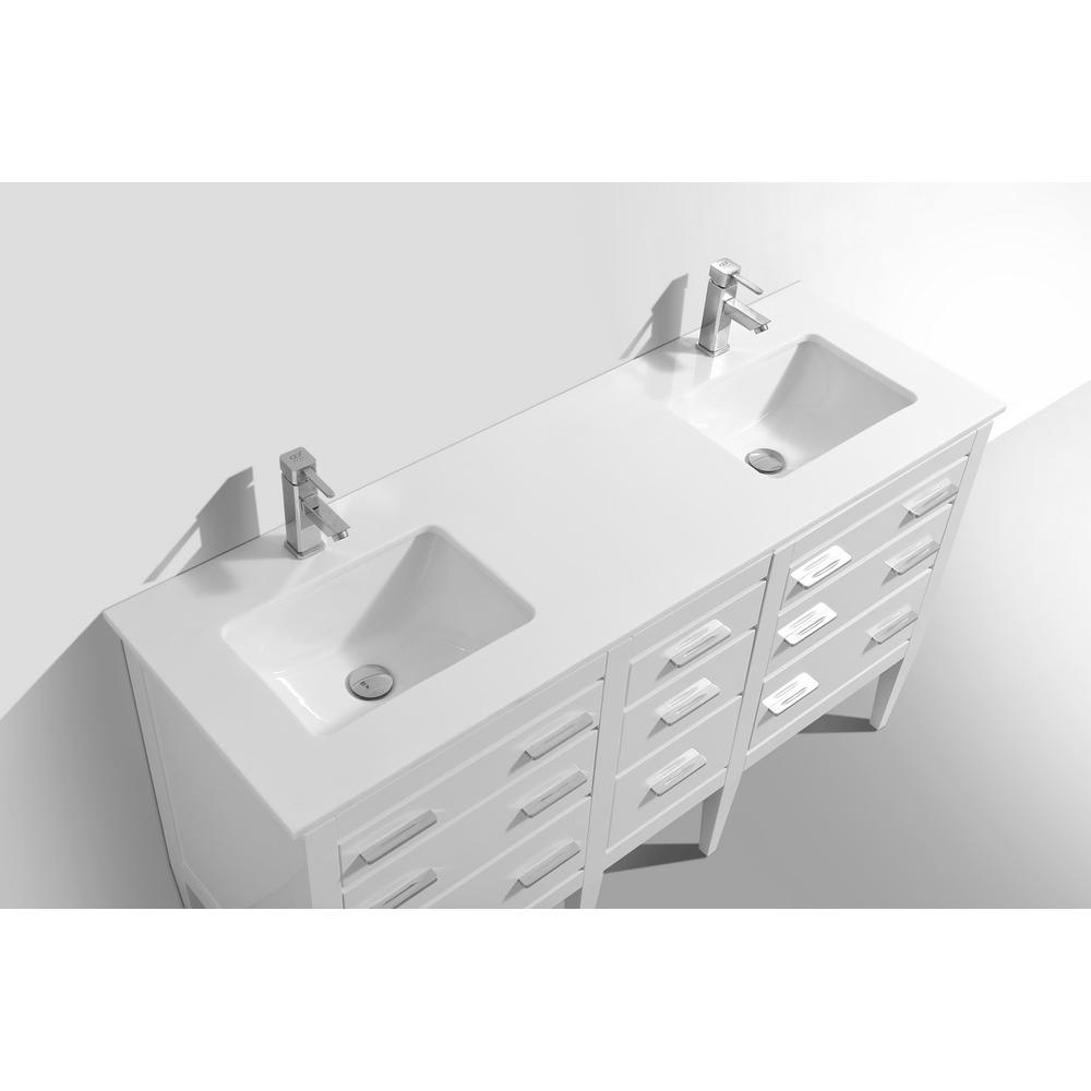 Eiffel 60'' Double Sink High Gloss White Vanity W/ Quartz Counter Top. Picture 5