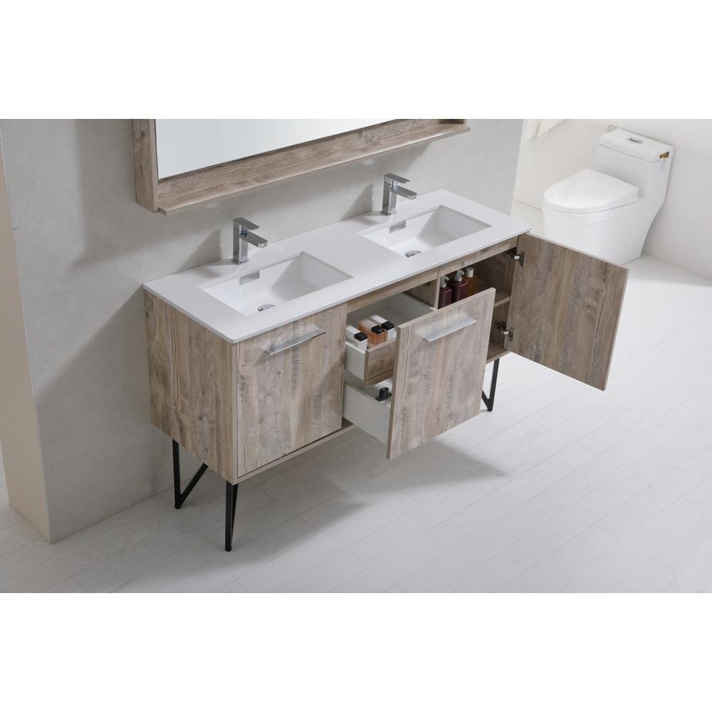 Bosco 60" Double Sink Modern Bathroom Vanity w/ Quartz Countertop. Picture 5