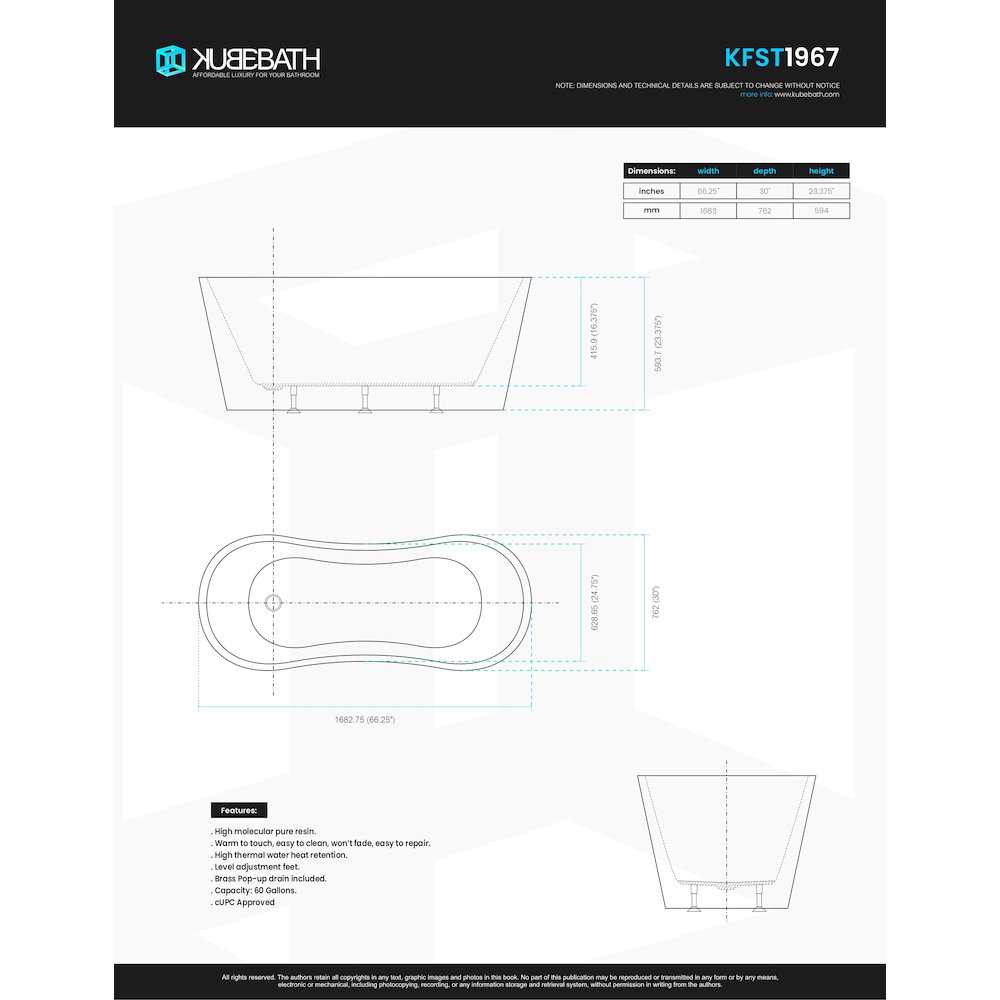 Kube Onde 67'' White Free Standing Bathtub. Picture 3