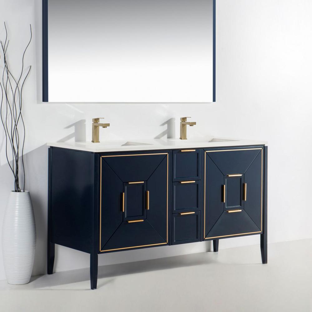 Vetro 60'' Gloss Blue Vanity W/ Quartz Counter Top (Back Splash Free). Picture 4
